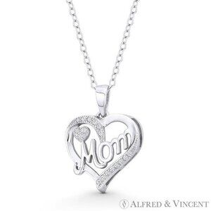 Heart Charm CZ Crystal Cursive "Mom" Pendant in .925 Sterling Silver w/ Rhodium